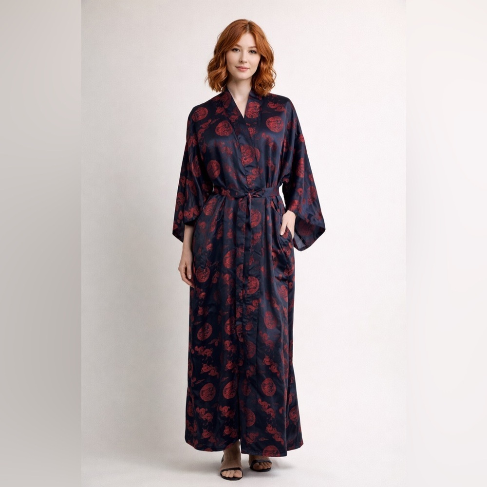 Golden Dragon - Black Satin Robe with Red Dragon Design - Size Large